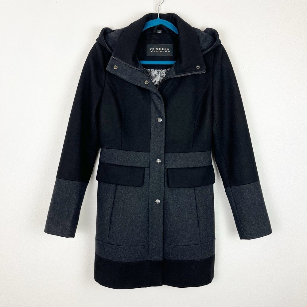 Guess Black Hooded Peacoat Winter Jacket - Picture 3 of 10